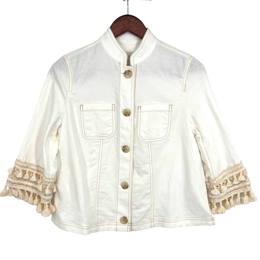 NEW Chico's Linen Blend Womens Size 0P or Small White Jacket Blouse Shirt Top